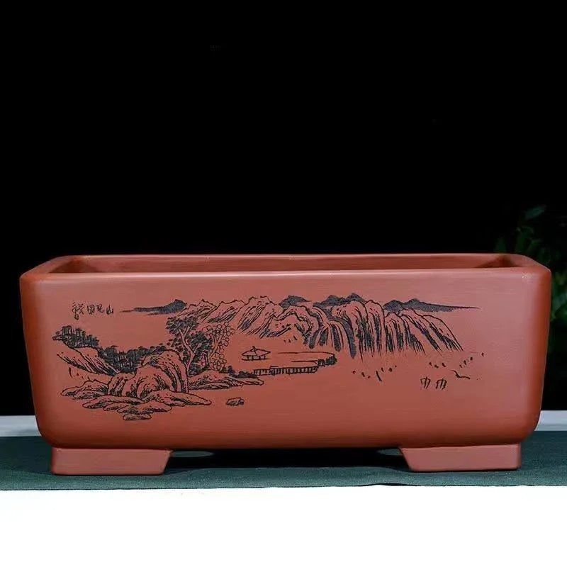 17.7 inch (45cm) Large Rectangular Bonsai Pot w Scenic Landscape Engraving Brown Color