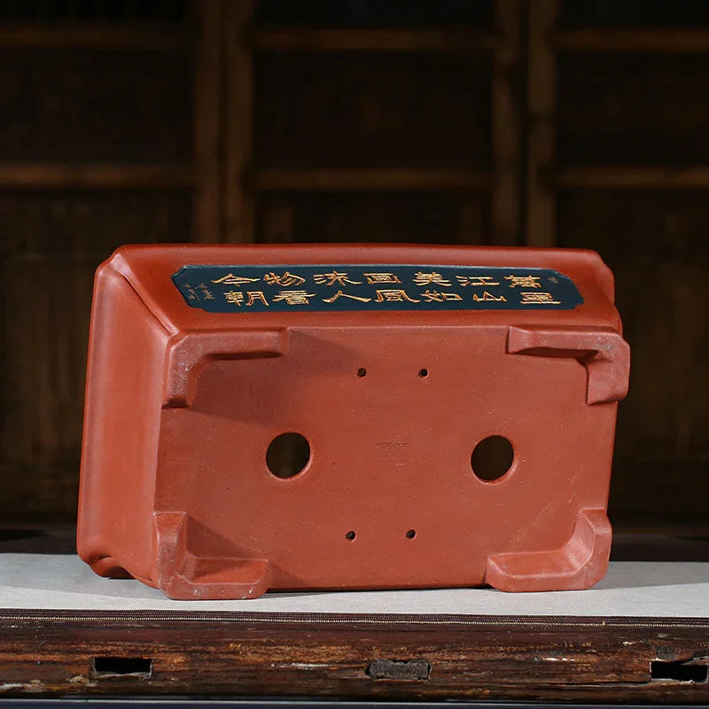 17.7 inch (45cm) Large Rectangular Bonsai Pots w Chinese Calligraphy Panels Bottom View