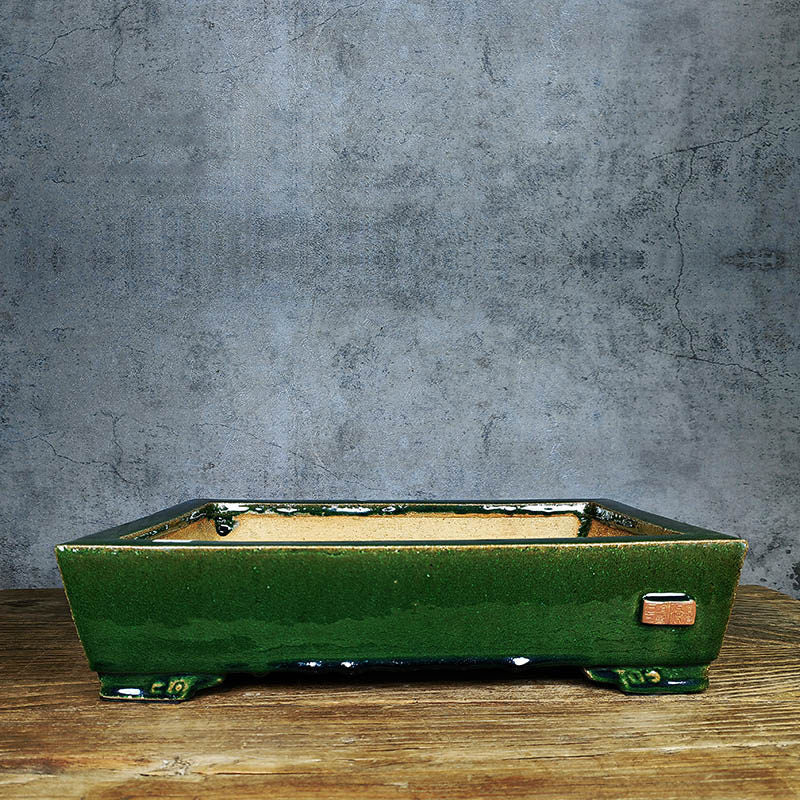 17.7 inch (45cm) Large Rectangular Elegant Green Glaze Traditional Shallow Bonsai Pot