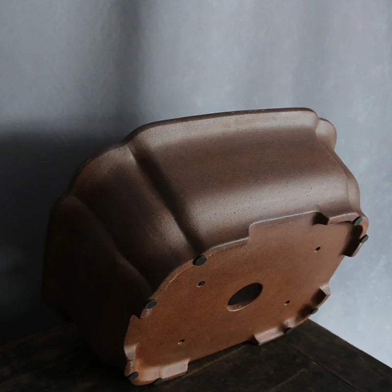 17.7 inch (45cm) Large Rectangular Speckled Finish Bonsai Pot w Scalloped Corners Bottom Corner View