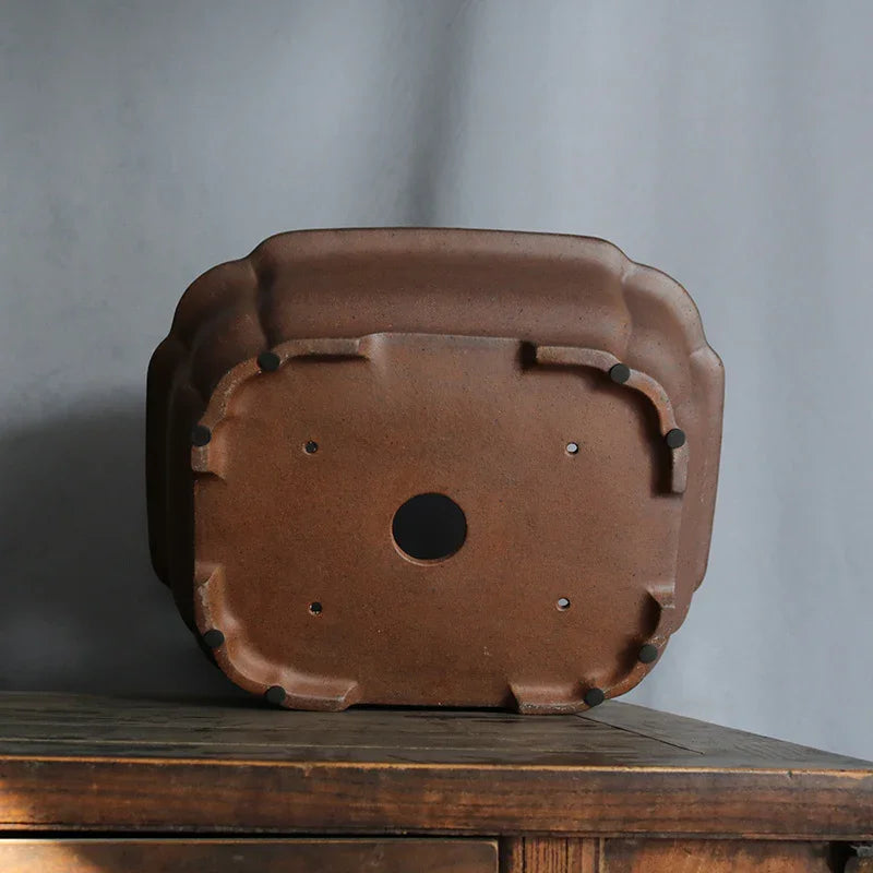 17.7 inch (45cm) Large Rectangular Speckled Finish Bonsai Pot w Scalloped Corners Bottom View