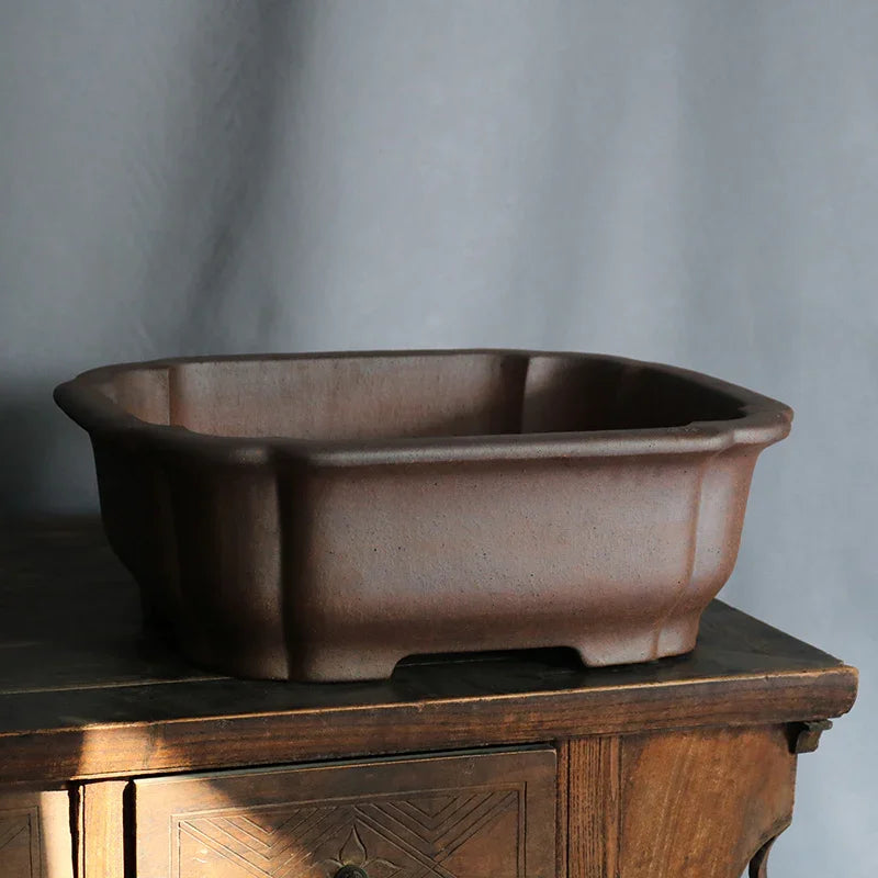 17.7 inch (45cm) Large Rectangular Speckled Finish Bonsai Pot w Scalloped Corners Corner View