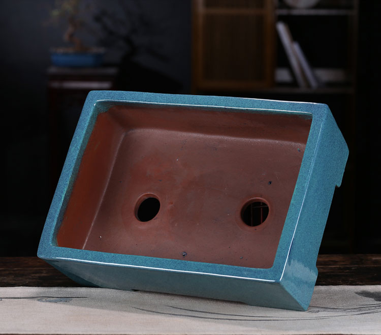 17.9" (45.5cm) Extra Large Blue Glazed Classic Rectangle Bonsai Pot Inner View