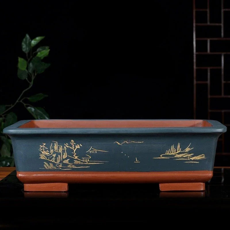 18.1" (46cm) Extra Large Rectangular Etched Traditional Bonsai Pots Blue Color
