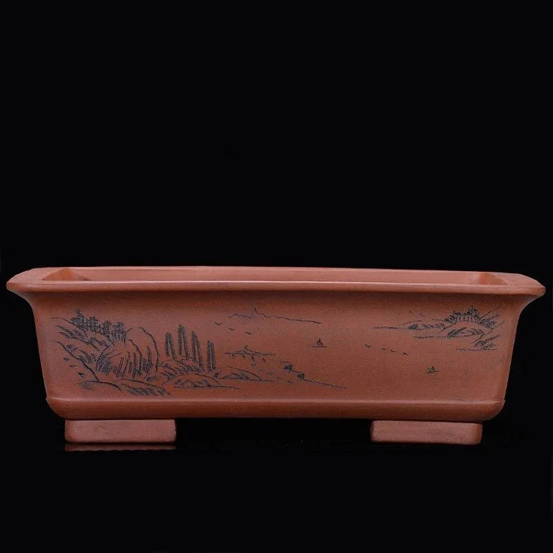 18.1" (46cm) Extra Large Rectangular Etched Traditional Bonsai Pots Brown Color