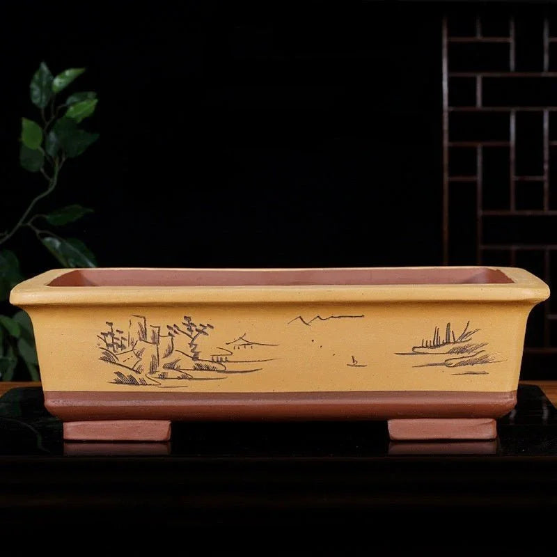 18.1" (46cm) Extra Large Rectangular Etched Traditional Bonsai Pots Yellow Color