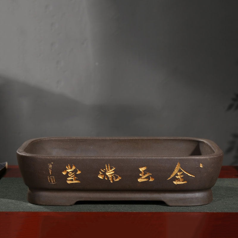 18.3" (46.5cm) Extra Large Rectangular Bonsai Pots w Chinese Inscription Black Color