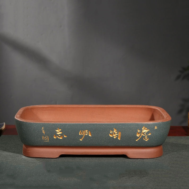 18.3" (46.5cm) Extra Large Rectangular Bonsai Pots w Chinese Inscription Green Color