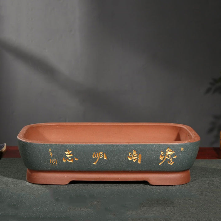 18.3" (46.5cm) Extra Large Rectangular Bonsai Pots w Chinese Inscription Green Color