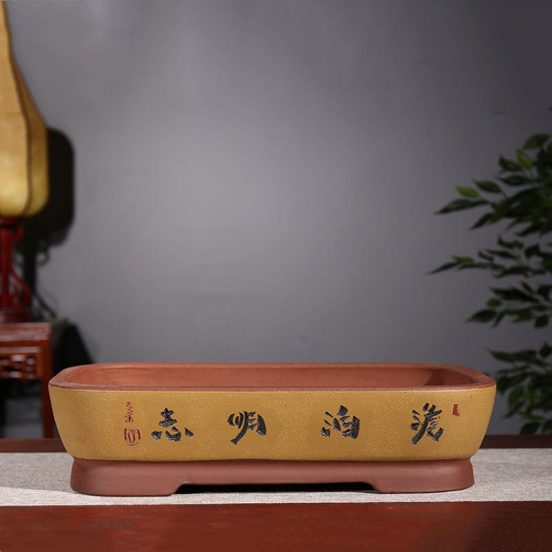 18.3" (46.5cm) Extra Large Rectangular Bonsai Pots w Chinese Inscription Yellow Color