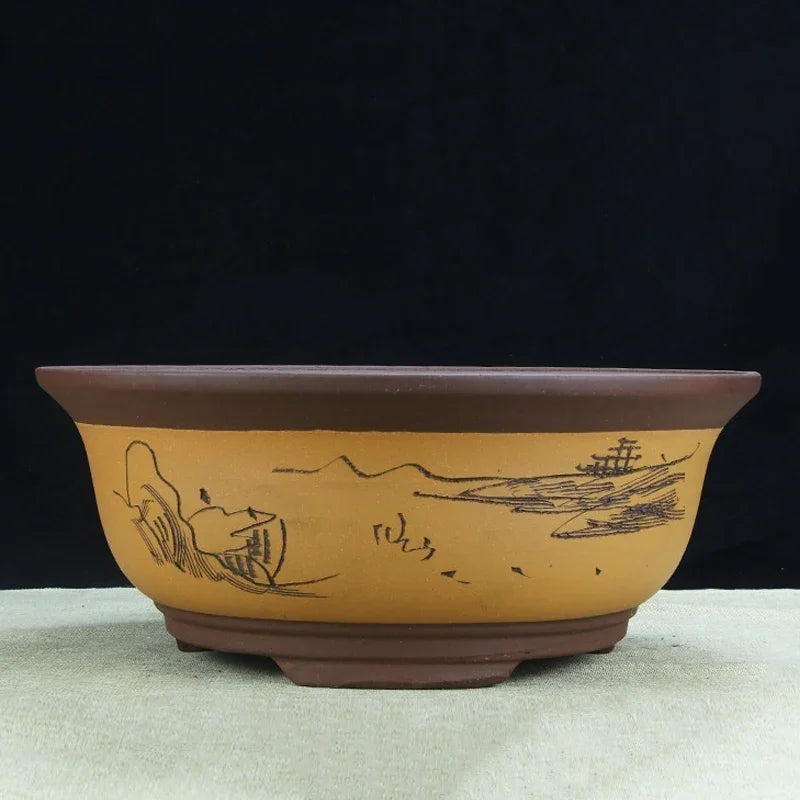 18.5" Large 7" Deep Round Unglazed Classic Bonsai Pots Yellow Color