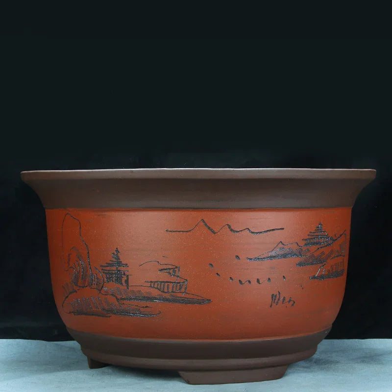 18.5" Large 8" Deep Round Unglazed Yixing Clay Bonsai Pots Red Color