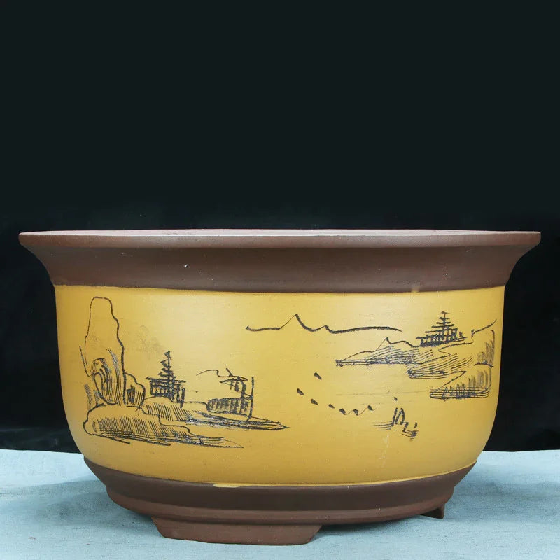 18.5" Large 8" Deep Round Unglazed Yixing Clay Bonsai Pots Yellow Color