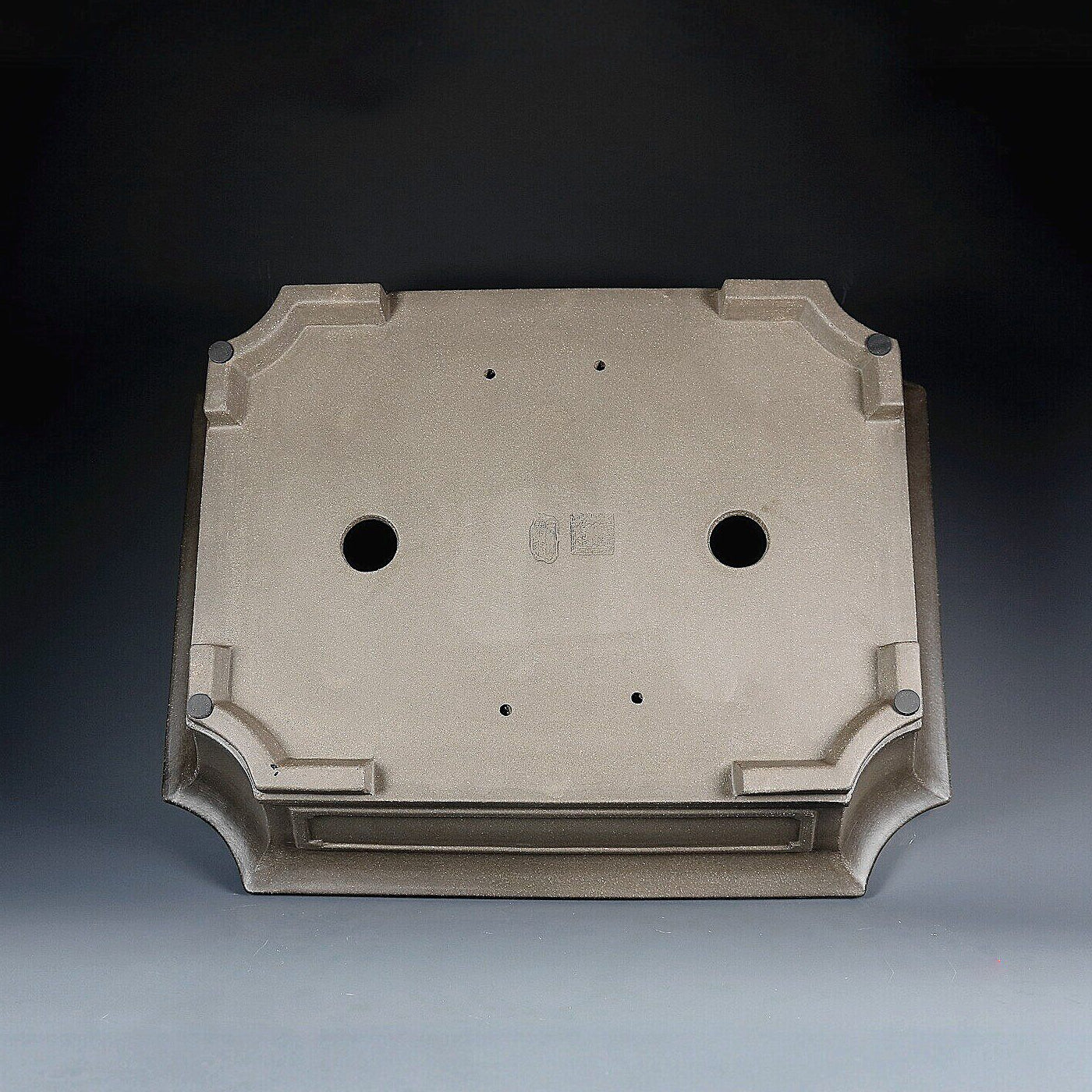 18.5 inch (47cm) XL Corner-Cut Flared Rectangular Unglazed Bonsai Pot w Recessed Panels Bottom View
