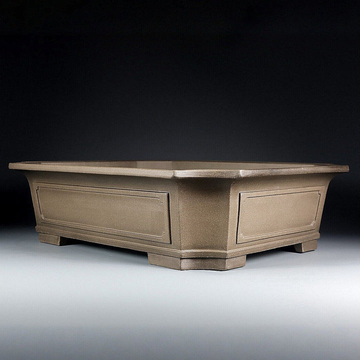 18.5 inch (47cm) XL Corner-Cut Flared Rectangular Unglazed Bonsai Pot w Recessed Panels Corner View