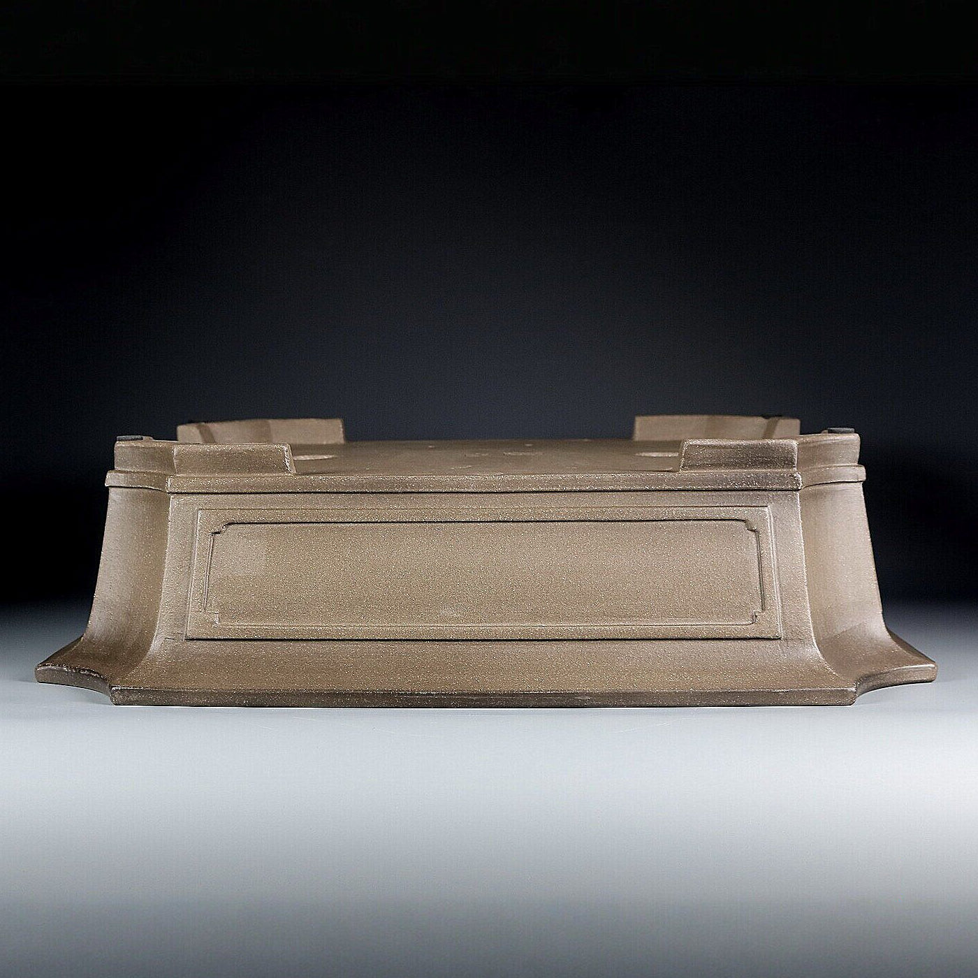 18.5 inch (47cm) XL Corner-Cut Flared Rectangular Unglazed Bonsai Pot w Recessed Panels Upside Down View