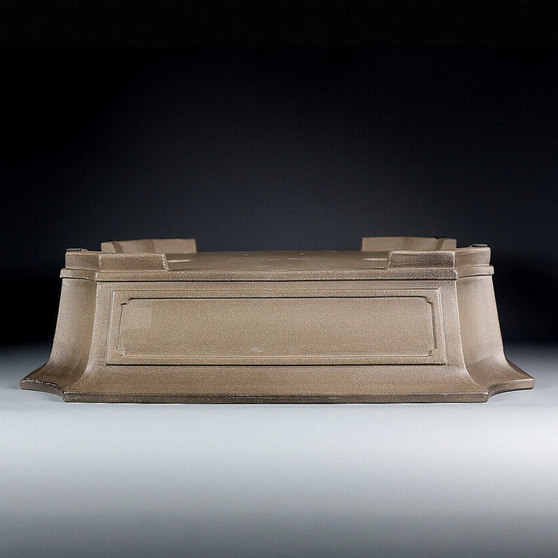 18.5 inch (47cm) XL Corner-Cut Flared Rectangular Unglazed Bonsai Pot w Recessed Panels Upside Down View