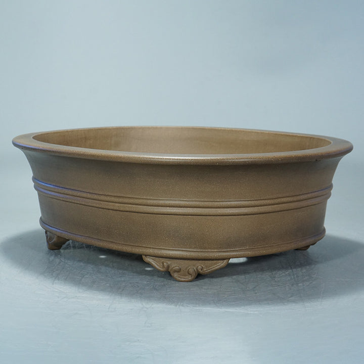 18.5 inch (47cm) XL Oval Gradient Finish Unglazed Bonsai Pot w Raised Lines & Cloud-Style Feet Corner View