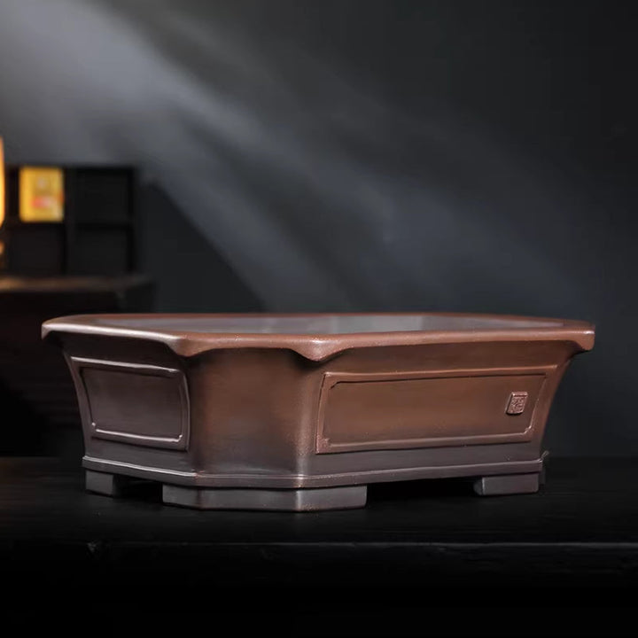 18.8 inch (48cm) Extra Large Antique Style Bold Rectangle Unglazed Corner-Cut Bonsai Pot Corner View