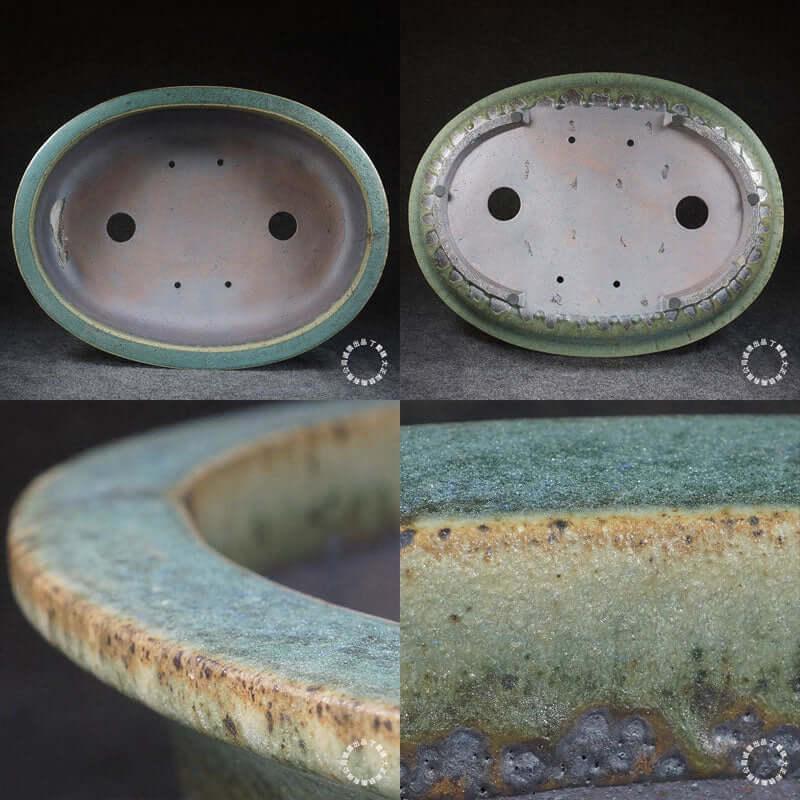 18.9 inch (48cm) Extra Large Exclusive Oval Green Flowing Drip Glaze Bonsai Pot Inner & Bottom View