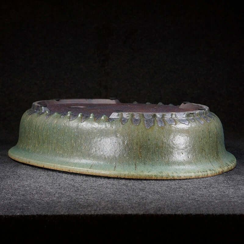 18.9 inch (48cm) Extra Large Exclusive Oval Green Flowing Drip Glaze Bonsai Pot Upside Down View