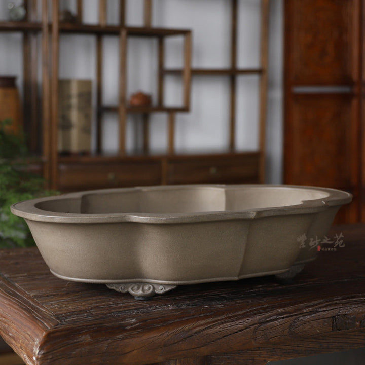 19.2 inch (49cm) Extra Large Lotus-Inspired Scalloped Oval Premium Unglazed Bonsai Pot Corner View