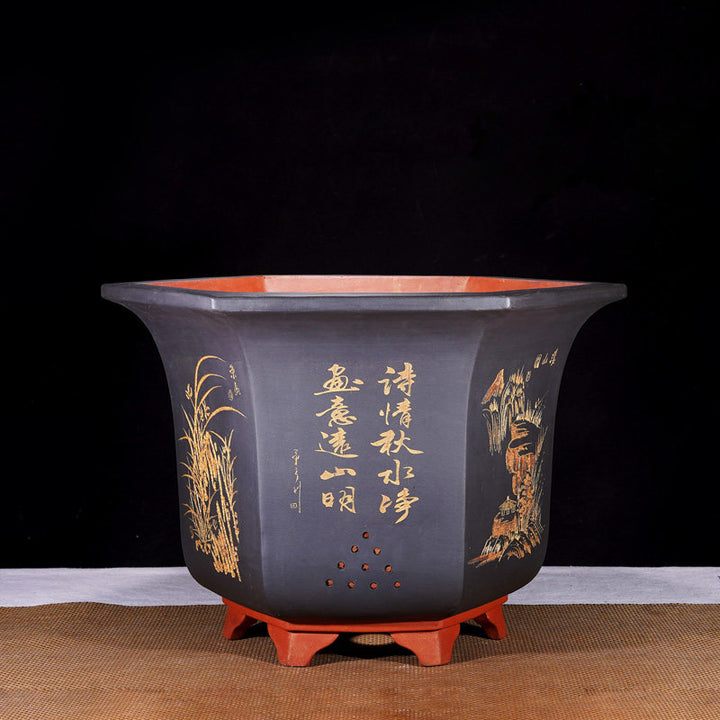 19.6" (50cm) Large 13.7" (35cm) Deep Hexagonal Engraved Semi Cascade Bonsai Pots Black Color
