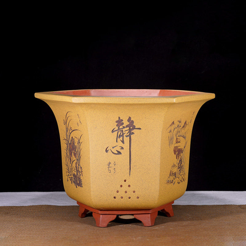 19.6" (50cm) Large 13.7" (35cm) Deep Hexagonal Engraved Semi Cascade Bonsai Pots Yellow Color