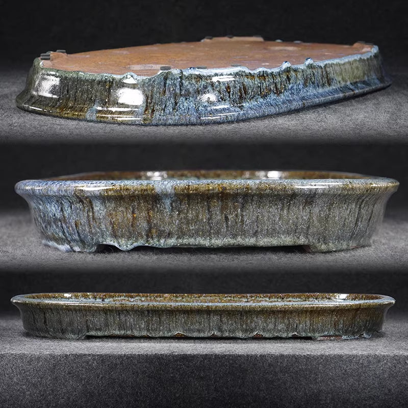 19.6 inch (50cm) Extra Large Oval Shallow Dazheng Kiln-Glazed Multicolor Forest Bonsai Pot Side Views