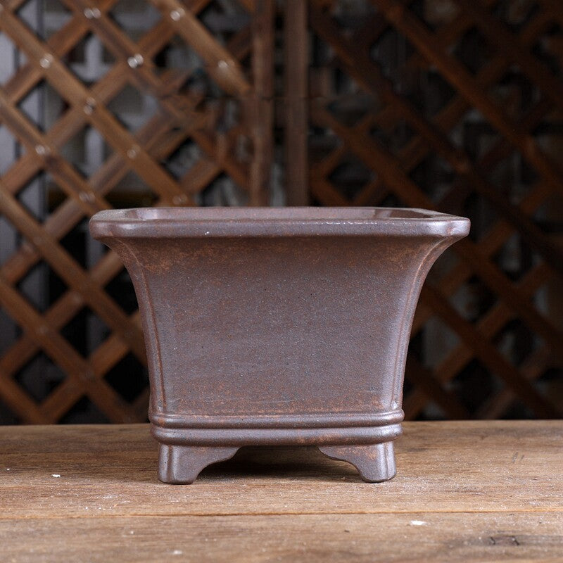 Vaso per bonsai quadrato a fuoco legno semi-cascata largo 5,9" (15 cm) e profondo 4,2" (10,8 cm)