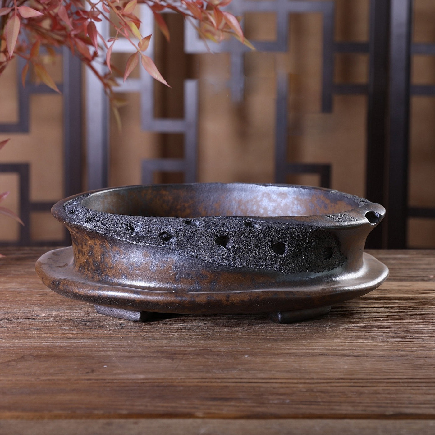 10.2" (26cm) Vaso bonsai ovale grande, cotto a legna, con finitura puntinata, non smaltato e con texture simile all'erosione
