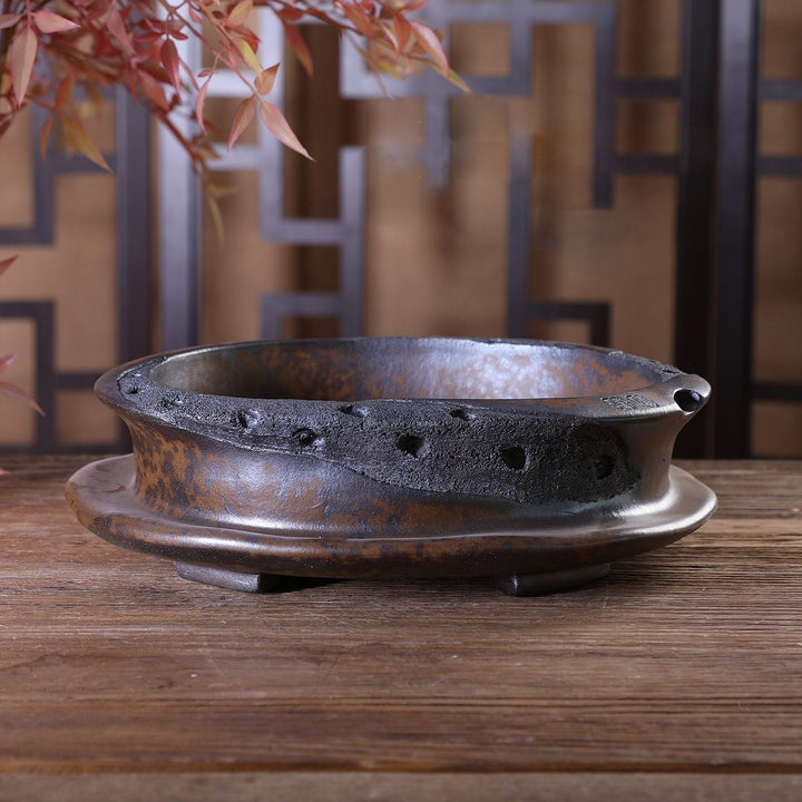 10.2" (26cm) Large Oval Wood-Fired Speckled Finish Unglazed Bonsai Pot w Erosion-Like Texture