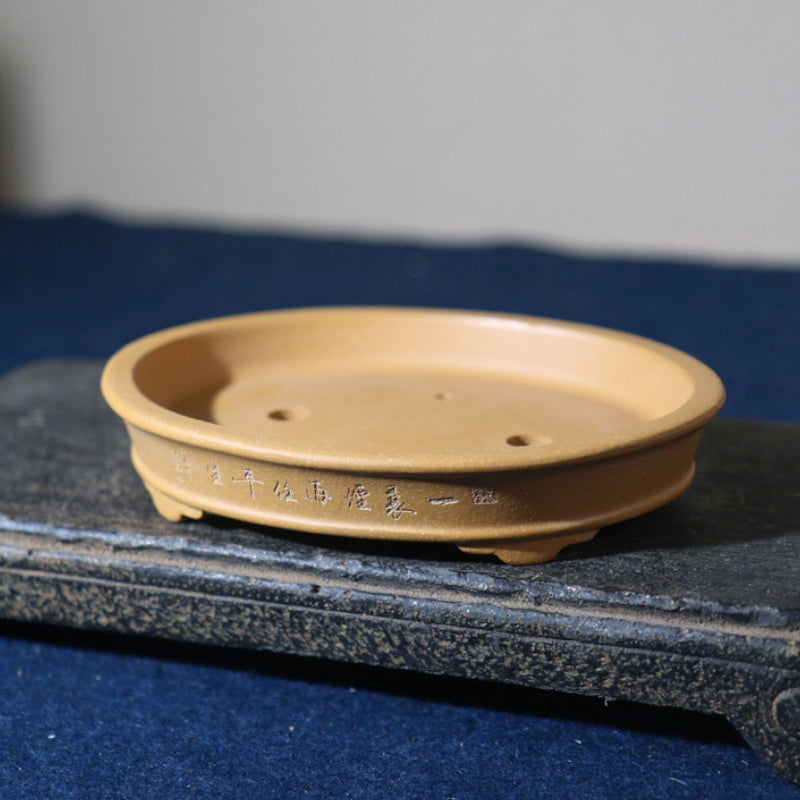 5.5" (14cm) Extra Small Oval Raised Feet Shallow Bonsai Pot w Engraved Designs
