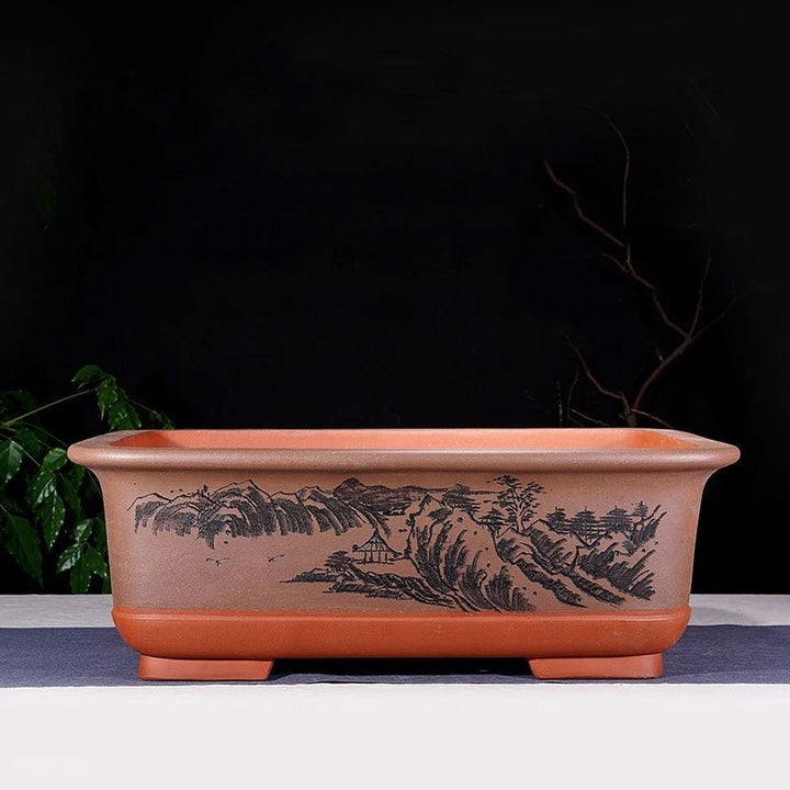 16.9" (43cm) Large Artistic Rectangular Handmade Bonsai Pot w Plastic Tray
