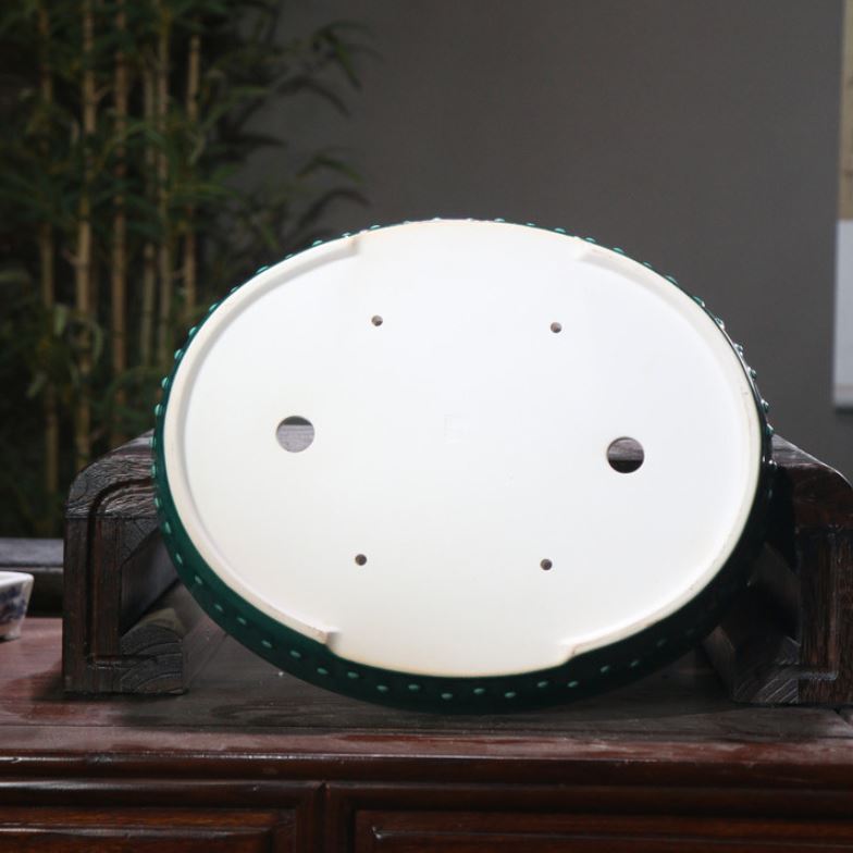 14.1" (35.8cm) Large Glazed Shallow Drum Oval Bonsai Pots Handmade Bottom View