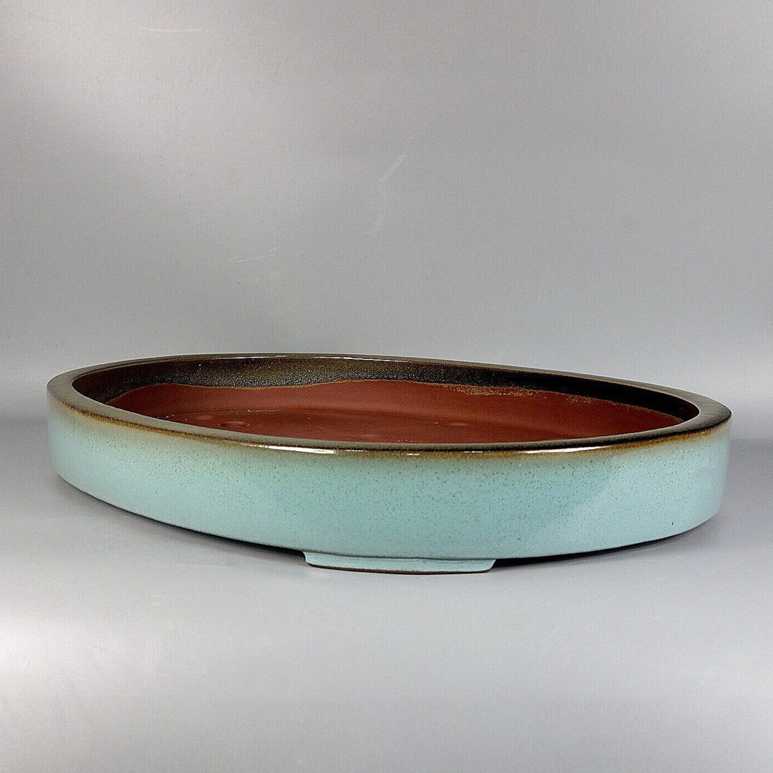 20.4 inch (52cm) Extra Large Shallow Rimless Oval Green Glazed Dual-Tone Forest Bonsai Pot Corner View