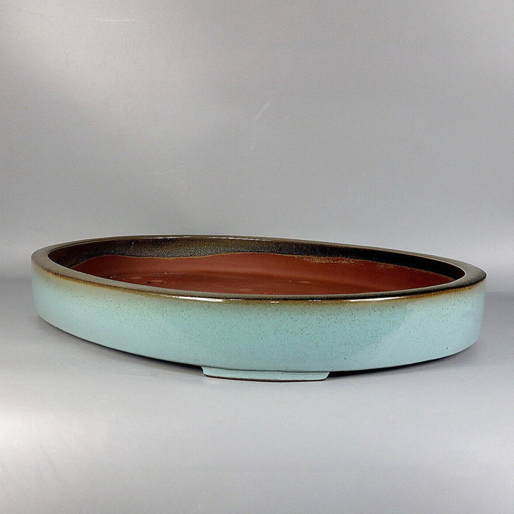 20.4 inch (52cm) Extra Large Shallow Rimless Oval Green Glazed Dual-Tone Forest Bonsai Pot Corner View