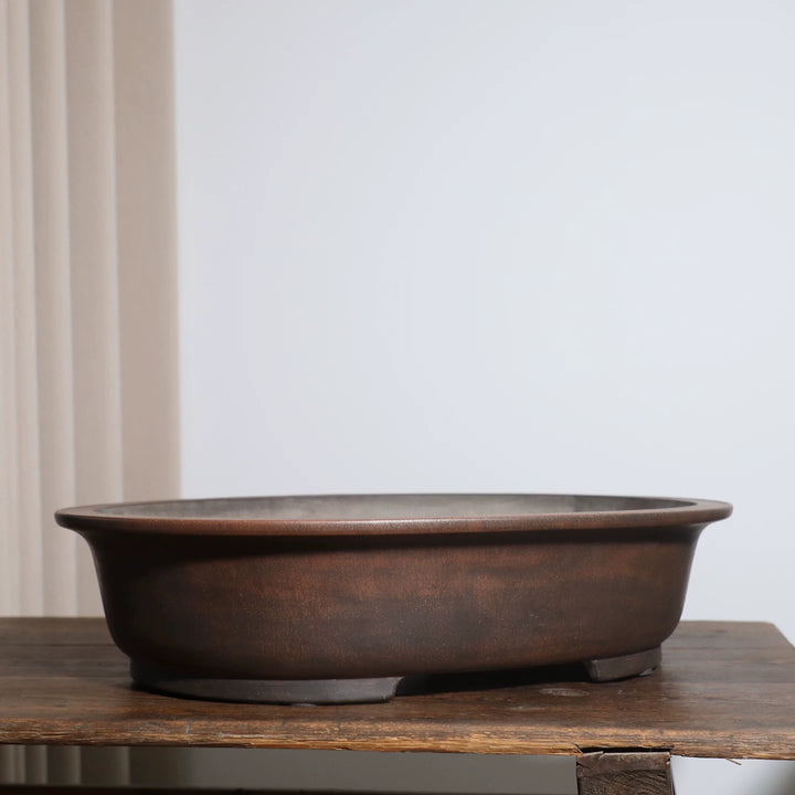 20.6 inch (52.5cm) Extra Large Oval Traditional Unglazed Bonsai Pot with Tonal Variation Corner View