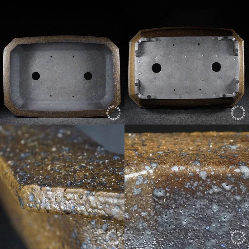 20.6 inch (52.5cm) Extra Large Premium Rectangular Bonsai Pot w Retro Germanium Cracked Glaze Inner & Bottom View