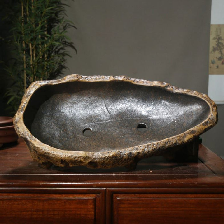 20.8" (53cm) Extra Large Unique Abstract Rugged Rock-Style Bonsai Pot Inner View