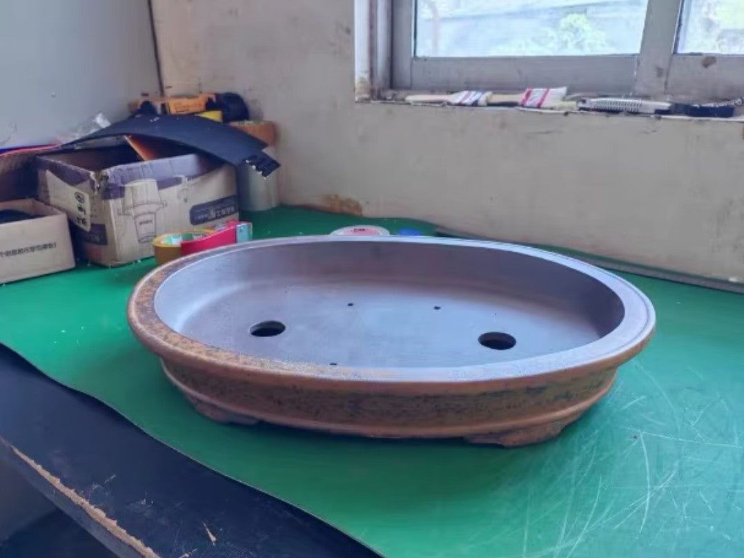 20.8 inch (53cm) Extra Large Oval Unglazed Wood-Fire Finish Shallow Forest Bonsai Pot Top View
