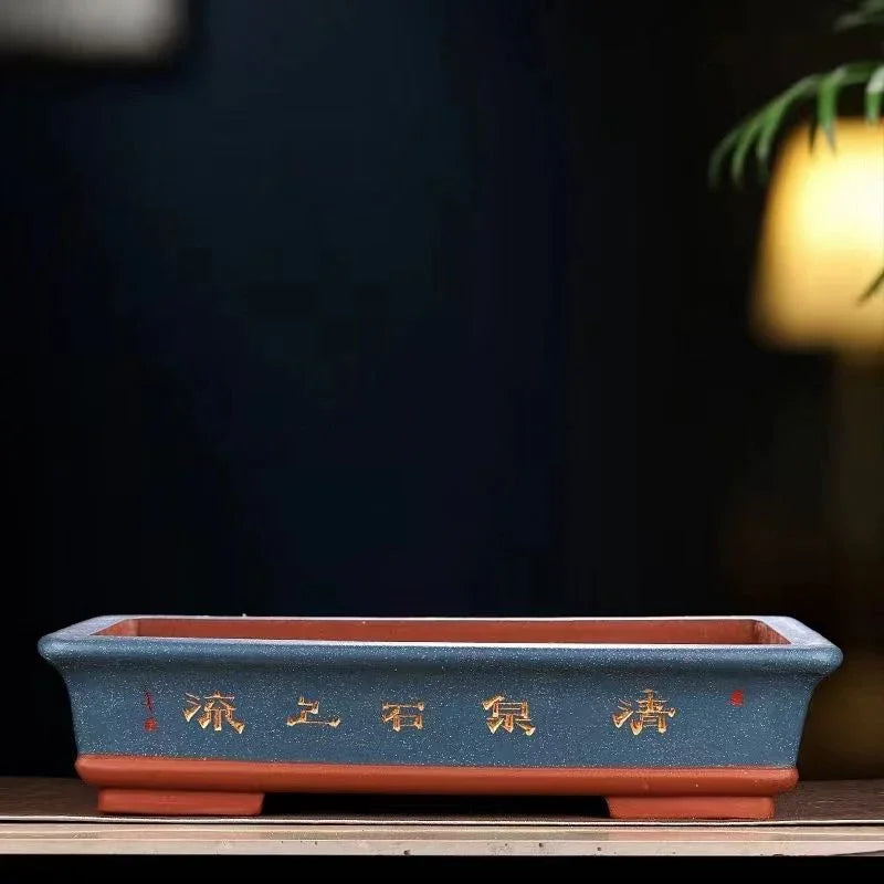 20.8 inch (53cm) Extra Large Rectangular Bonsai Pot w Chinese Calligraphy Blue Color