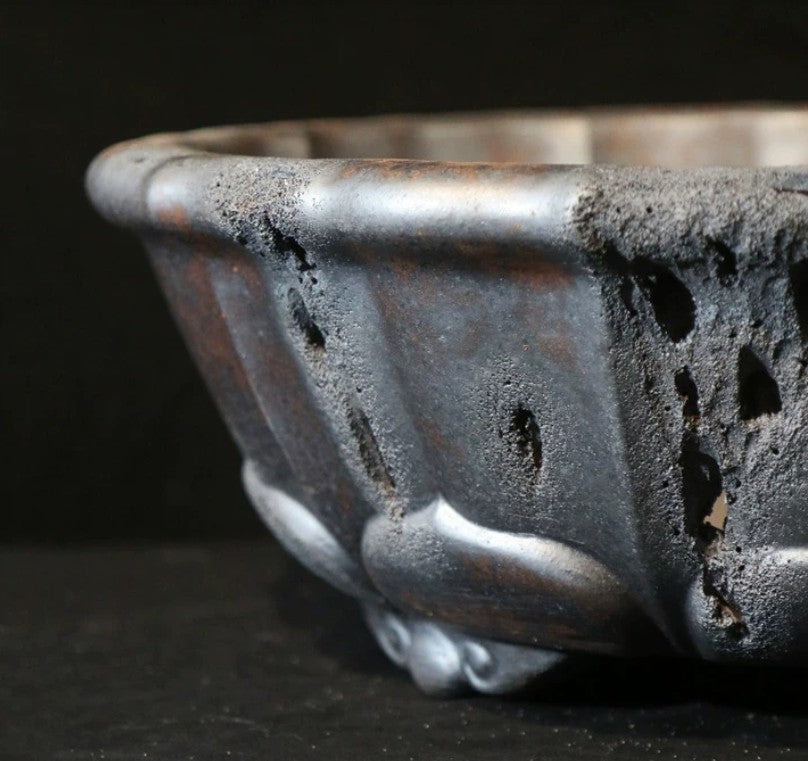20 inch (51cm) Extra Large Lotus-Shaped Wood-Fired Eroded Stone-Like Textured Bonsai Pot Close Shot