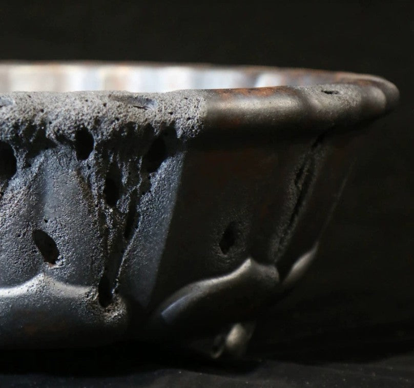 20 inch (51cm) Extra Large Lotus-Shaped Wood-Fired Eroded Stone-Like Textured Bonsai Pot Close Shot