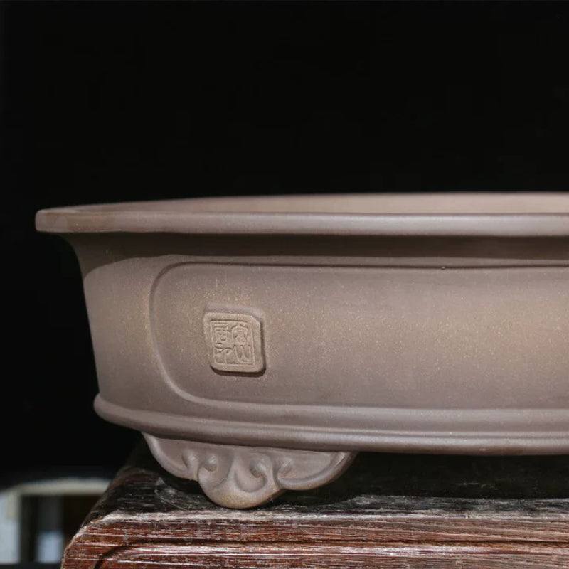 20 inch (51cm) Extra Large Oval Unglazed Raised Cloud Feet Bonsai Pot Beige Close Shot
