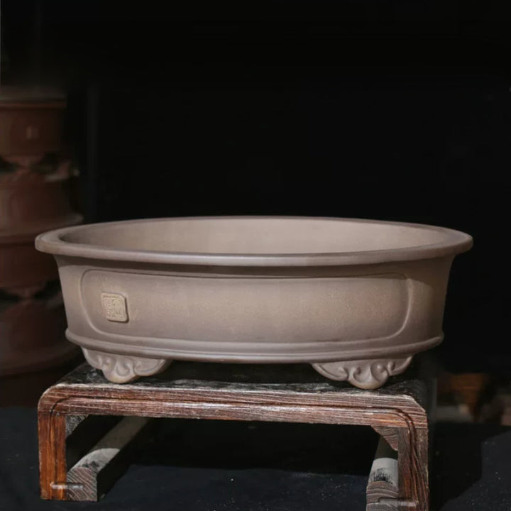 20 inch (51cm) Extra Large Oval Unglazed Raised Cloud Feet Bonsai Pot Beige Corner View