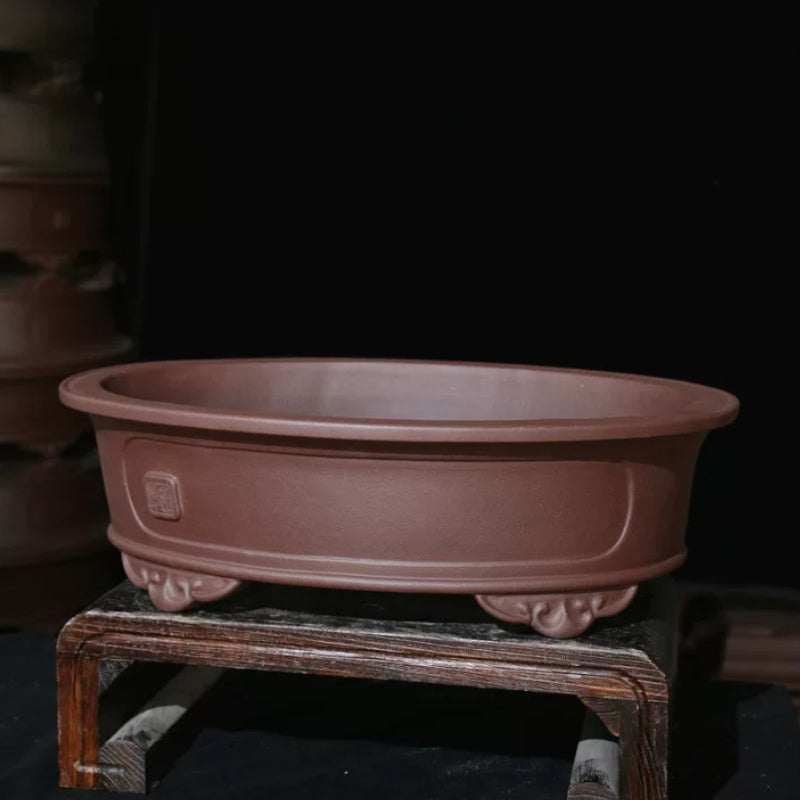 20 inch (51cm) Extra Large Oval Unglazed Raised Cloud Feet Bonsai Pot Brown Corner View