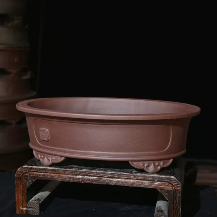 20 inch (51cm) Extra Large Oval Unglazed Raised Cloud Feet Bonsai Pot Brown Corner View