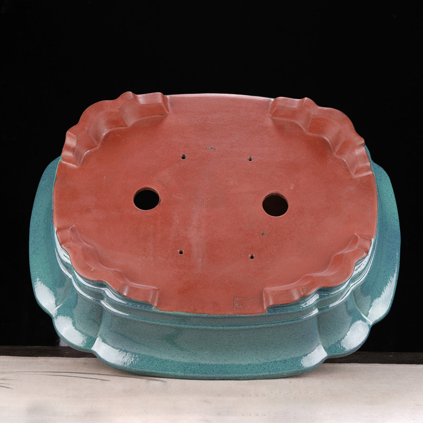 20 inch (51cm) Extra Large Scalloped Corner Flared Rectangular Blue Glazed Bonsai Pot Bottom View