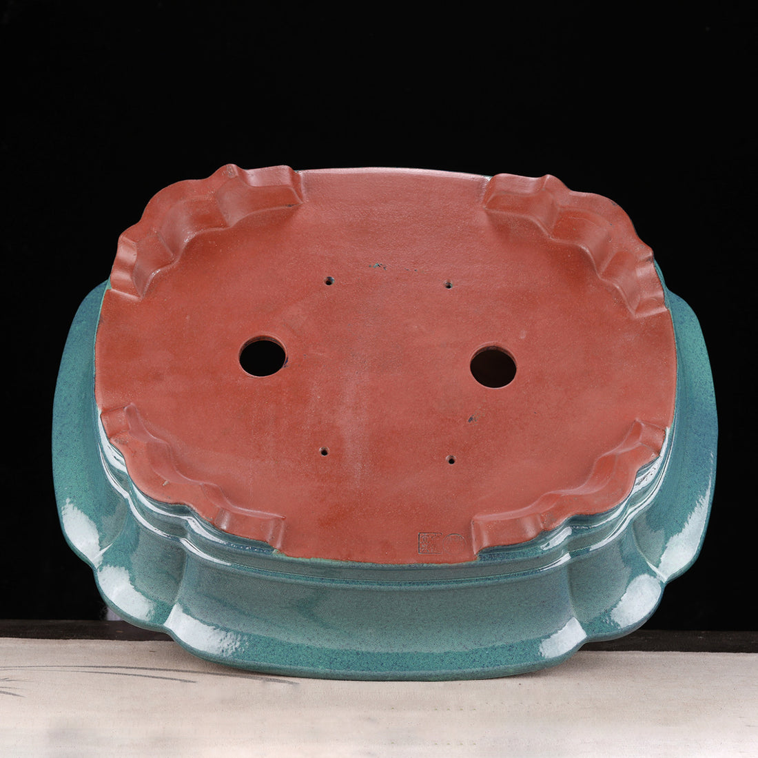 20 inch (51cm) Extra Large Scalloped Corner Flared Rectangular Blue Glazed Bonsai Pot Bottom View